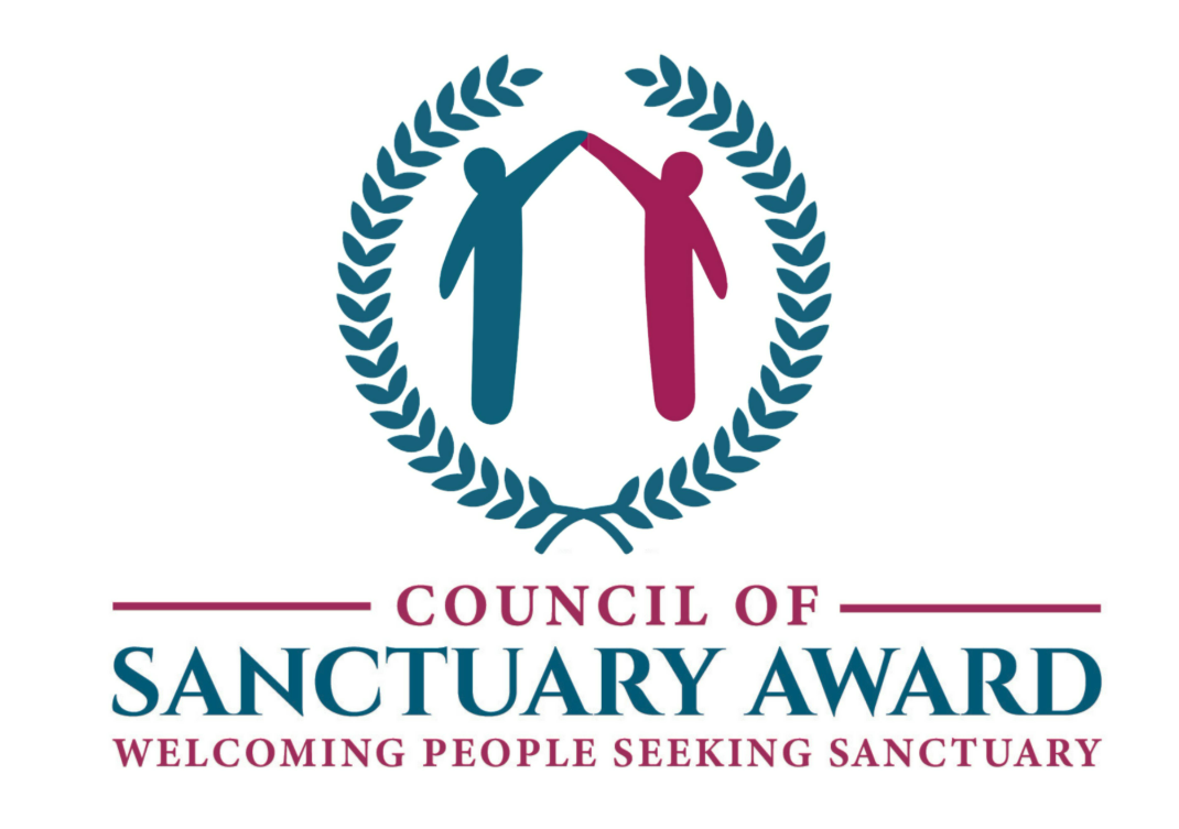 Graphic logo of two people holding  hands above their heads with  a text of council of sanctuary awards written below