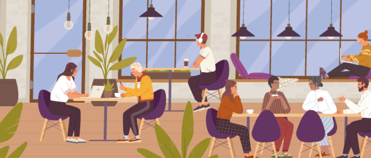  Cartoon people sitting in a café talking