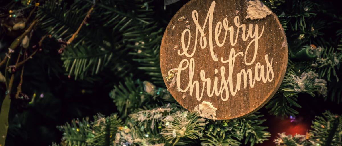 A BOARD WITH MERRY CHRISTMAS WRITTEN ON IT IS HANGING ON A TREE.