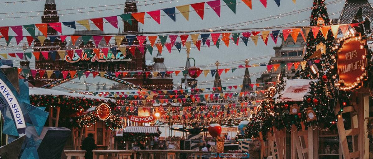 A market place in winter with christmas decoration