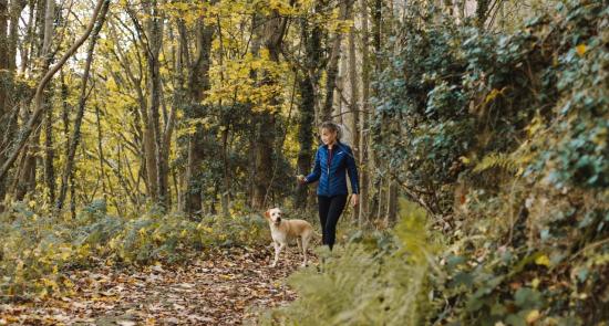 Woman walking her dog in the park